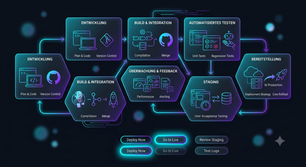 Visualisierter CI/CD-Workflow: Entwicklung, Build & Integration, automatisiertes Testen, Staging, Bereitstellung, Monitoring